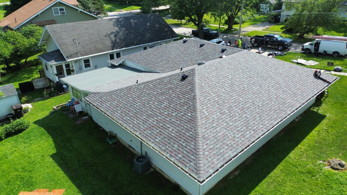 Drone view of a newly installed shingle roof